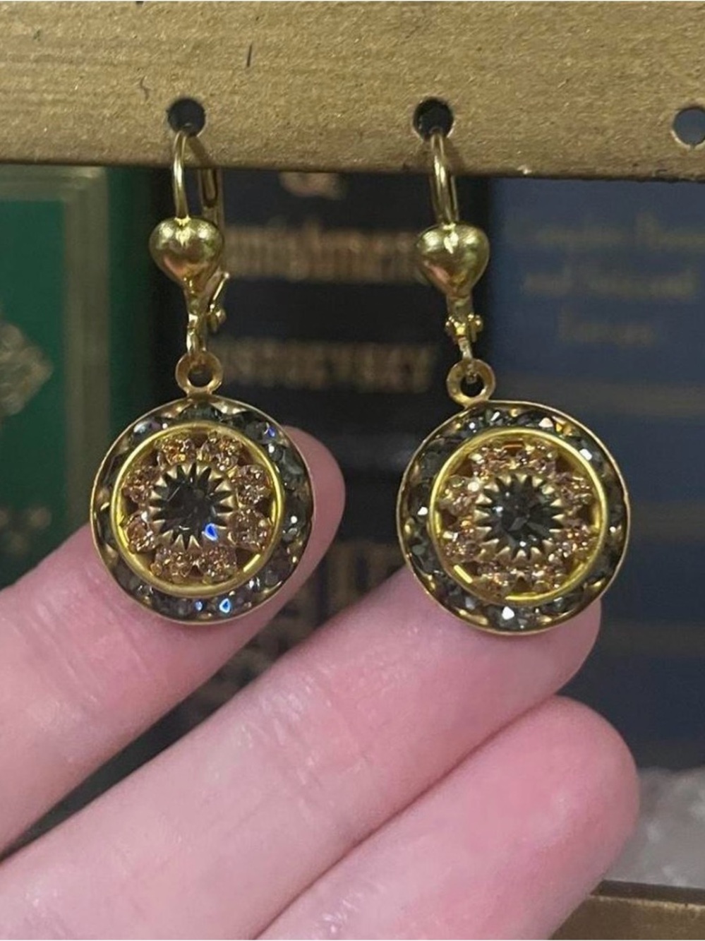 Gold Tone Filigree Drop Earrings with Black Center Stones